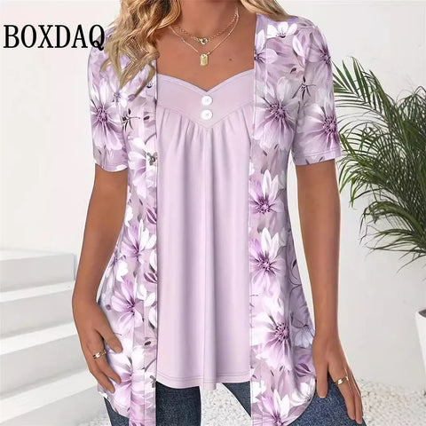 2024 Women’s Floral Print Short Sleeve Casual Loose Top Plus Size Elegant Two-Piece Look