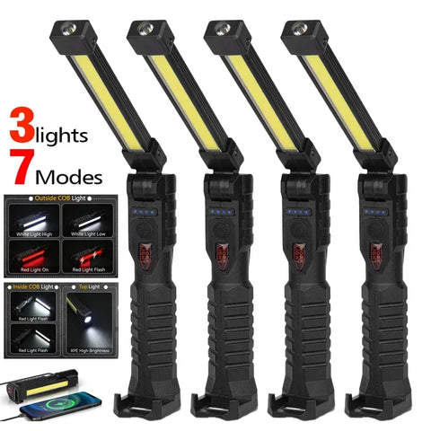 Foldable COB LED Work Light: USB Rechargeable, 7 Modes, Magnetic Base, Hanging Hook, Portable Torch Flashlight