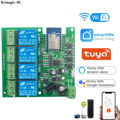 4CH Tuya WiFi Smart Relay Switch Module 7-32V/85-250V 2200W RF433 10A Alexa Compatible