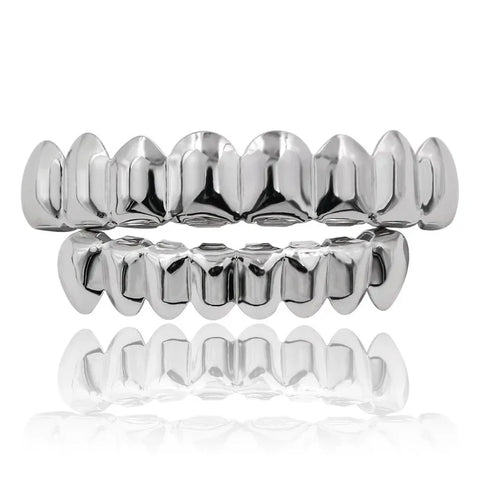 Gold Silver Plated Hip Hop Grillz Set with Silicone for Top & Bottom Shiny Vampire Teeth