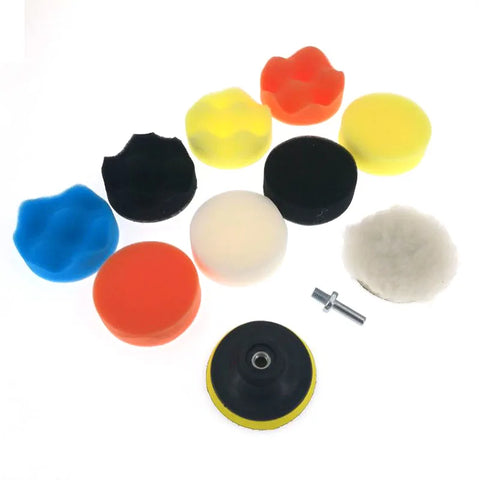 11-Piece 3" Car Polishing Pad Set - Self-Adhesive Buffing, Waxing, Sponge & Wool Discs with Drill Adapter