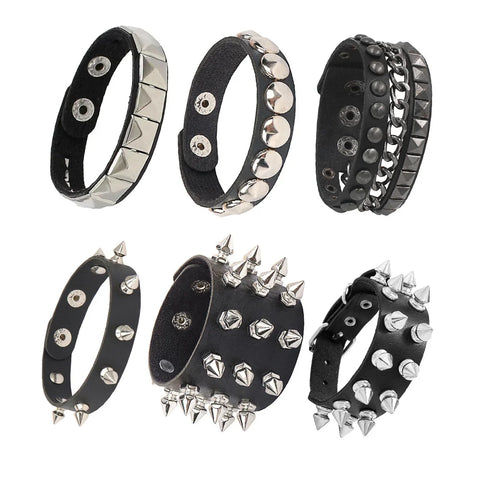 90s Punk Leather Rivet Bracelet for Men Women, Adjustable Black Cuff Wristband with Metal Studs