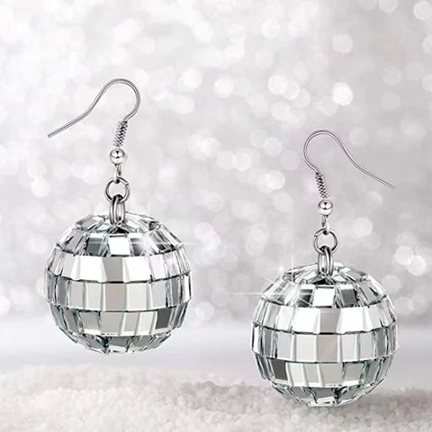 70s Silver Disco Ball Dangle Earrings for Women - Retro Round Drop Earrings Fashion Jewelry