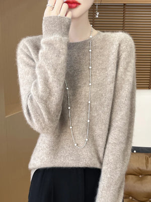 100% Merino Wool Women's O-neck Sweater Long Sleeve Pullover Jumper for Spring, Autumn, Winter Knitwear Top