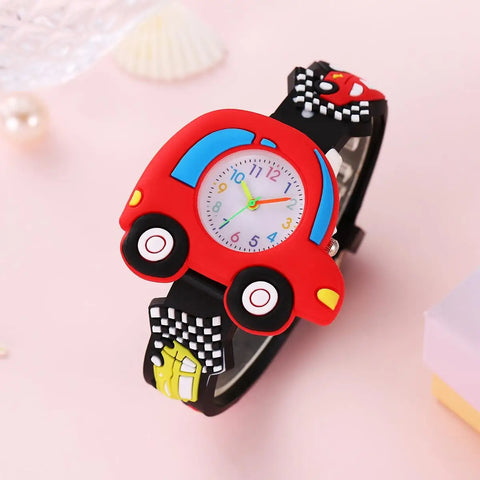 3D Cartoon Racing Car Silicone Kids Watch with Pattern Design