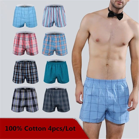4-Pack Men's Loose Cotton Boxer Shorts, Large Plaid Print, Plus Size, Classic Basics
