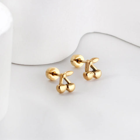 Chic Gold Cherry Earrings for Women - Waterproof Stainless Steel Screw Back Studs Party Jewelry