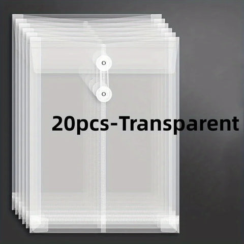 Clear A4 Plastic Envelopes with Cord Buckle, 20 Pack, Thick & Reusable, Extended Corners