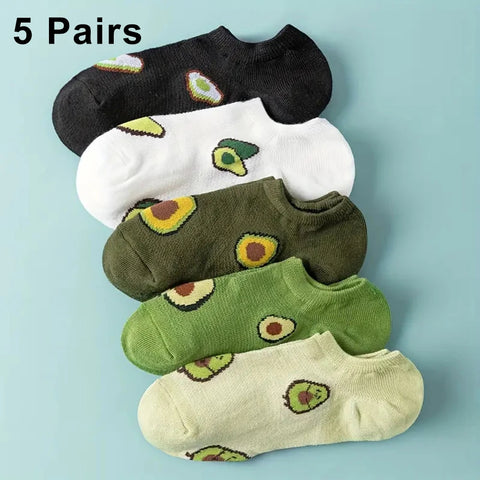5 Pairs Avocado Ankle Socks Cartoon Design Breathable Low Cut Boat Socks for Women - Summer & Autumn Fashion