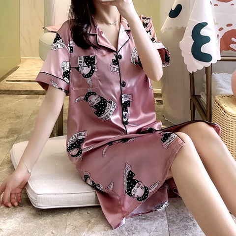 2025 Satin Silk Pajamas Dress for Women - Short Sleeve, Turn-down Collar, Cute Cartoon Nightgown Loungewear