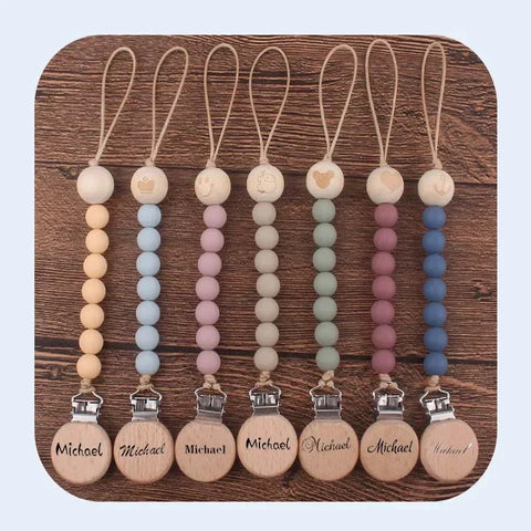 Custom Name Baby Pacifier Clip Silicone Bead Dummy Clips Engraved Wood Holder for Newborns