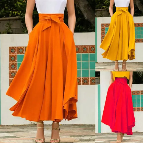 Boho Vintage Women's Pleated Maxi Skirt High Waist Bowknot Party Candy Color Elegant Skirt