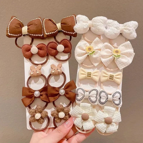 10pcs Cartoon Hair Ties & Bow Bands Set - Flower Headbands & Elastic Rubber Bands for Kids Hair Accessories