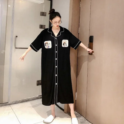 4XL Plus Size Women's Loose Nightgown Lapel Cardigan Long Shirt Dress Casual Homewear Sexy Thin Sleepwear 150kg