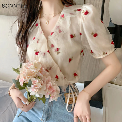Elegant Floral French Style Blouses for Women - Sweet Bandage Design, Soft & Chic Office Fashion for Young Ladies