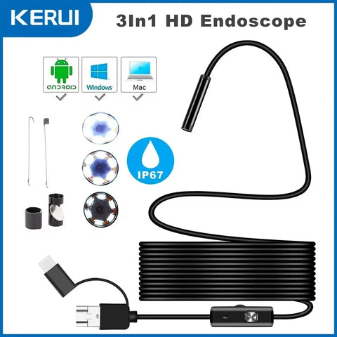7mm Waterproof Endoscope Camera 3-in-1 USB/Type C Borescope with LED for Android, PC, Car Inspection