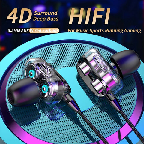 3.5mm In-ear Noise Canceling Sports Earbuds Dual Driver Bass Stereo Headphones with Mic for Gaming & HiFi Music