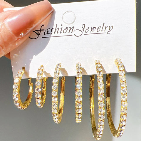 6pcs Gold Plated Crystal Rhinestone Hoop Earrings Set for Women – Shiny Statement Jewelry for Party & Banquet