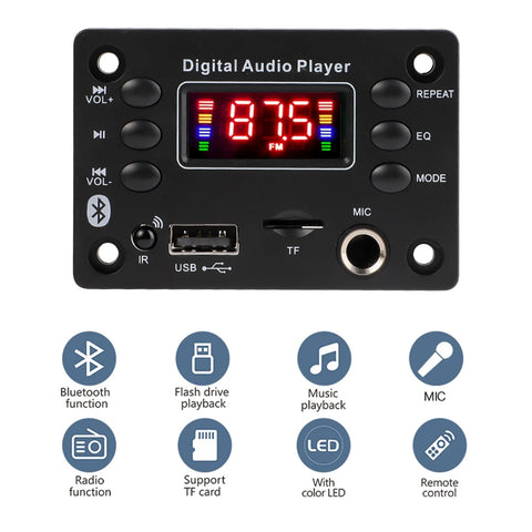 Bluetooth 5.0 MP3 Decoder Board Audio Amplifier 50W 6.5mm Mic FM Radio USB TF Music Player Hands-Free Speaker 7V-16V