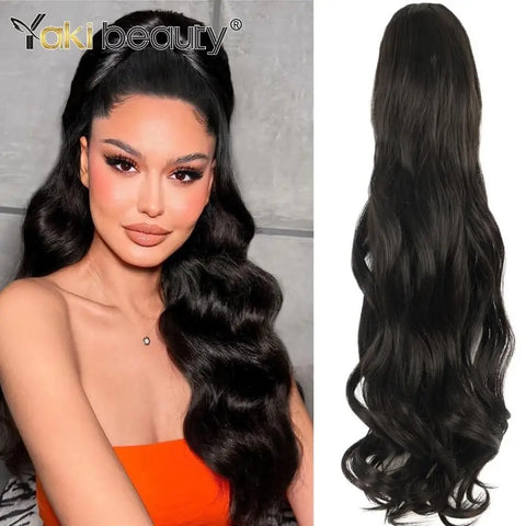 28" Synthetic Body Wave Drawstring Ponytail Extensions Natural Wavy Hair Clip-In for Black Women