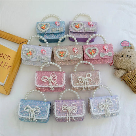 2024 Korean Style Kid's Pearl Handbag with Lace Bow - Princess Shoulder Messenger Bag & Sequin Zero Wallet