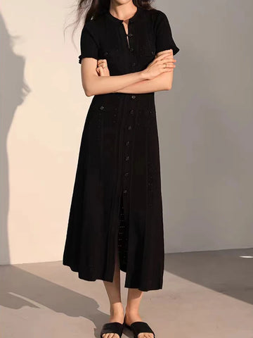 Autumn Women's Knit Dress, Elegant Ruffled Sleeve, Slim Fit, O-neck, Buttoned Long Robe