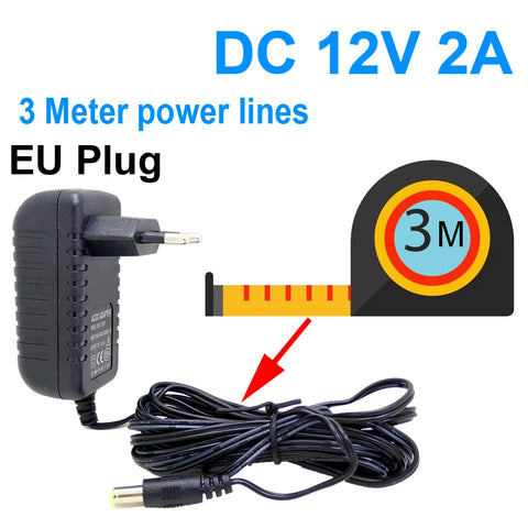 EU Power Adapter Extension Cord 3m Charger for CCTV Camera AC 100-240V to DC 12V 2A (2.1mm*5.5mm)