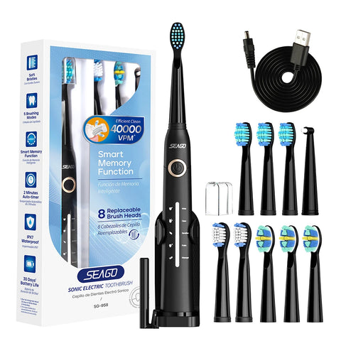 Electric Toothbrush with Holder, 10 Brush Heads, 5 Modes, for Adults, Black & White