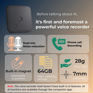 AI Voice & Call Recorder with Speech-to-Text, 64GB, 100+ Languages, Summarization