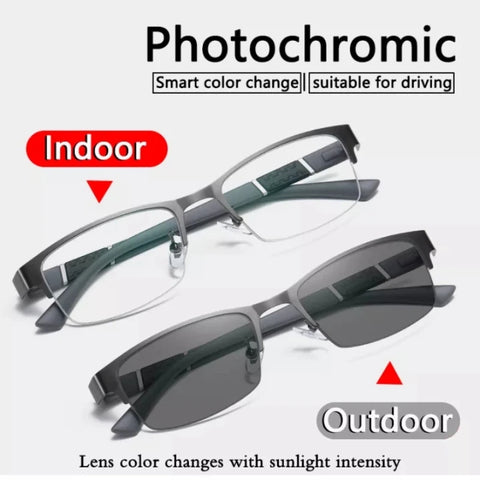 Blue Light Blocking Photochromic Half-Frame Business Myopia Glasses Diopter 0 to -6.0 for Men