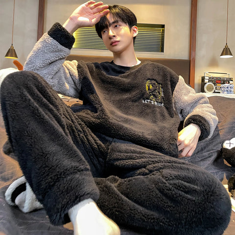 2024 Winter Men's Fleece Pajama Set Long Sleeve Coral Velvet Cartoon Plush Warm Sleepwear 3XL