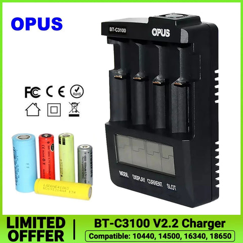 4-Slot Battery Charger with Display for Li-ion Ni-CD Ni-MH, Short-circuit Protection