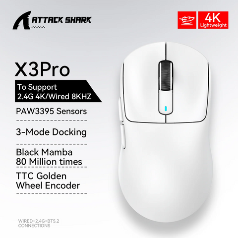 4K Wireless Gaming Mouse, Tri-Mode Bluetooth, Paw3395 Sensor, Macro Support