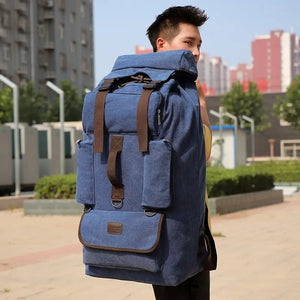 100L Canvas Backpack for Travel & Hiking - Men's Large Capacity Pack with Blanket Storage