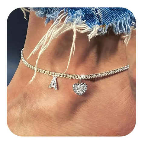 26 Initial Silver Heart Anklet with Crystal Letters, Stainless Steel Chain, Summer Jewelry Accessories