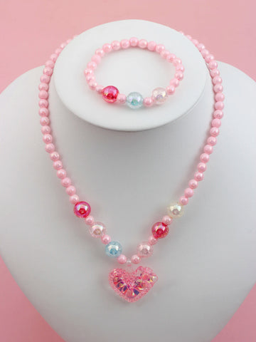 Heart Beaded Necklace and Bracelet Set - 2pcs, Everyday Wear, Color Varies
