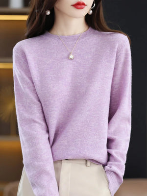 100% Merino Wool Women's O-neck Sweater Long Sleeve Pullover Jumper for Spring, Autumn, Winter Knitwear Top