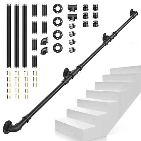 Adjustable Black Handrail for Indoor Outdoor Stairs, 1-3m, Non-slip, Rust-proof, 3.2/4cm Diameter