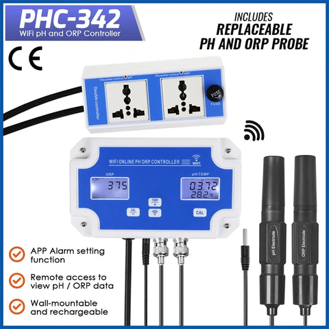 3-in-1 pH ORP Temp WiFi Water Quality Controller with BNC Probe for Hydroponics Aquaculture Pools