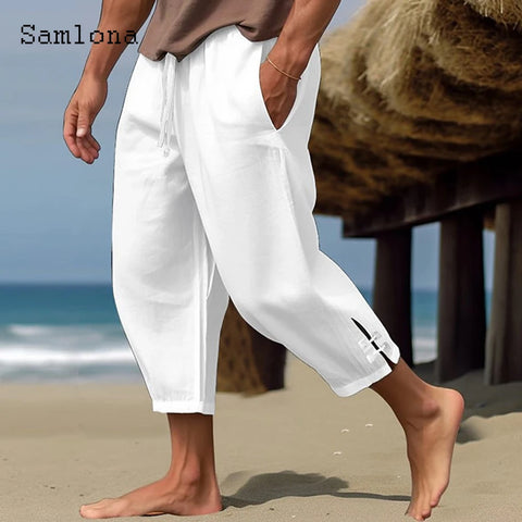 2023 Men’s White Linen Ankle Pants with Buckle Cuff – Plus Size Casual Drawstring Trousers