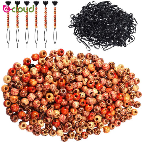 200 Wooden Hair Beads Set with Rubber Bands & Beader Tool for Braiding - 12mm, 201pcs