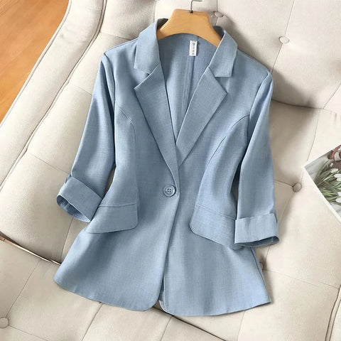 Blue Solid Women's Blazer: Casual, Turn-down Collar, 3/4 Sleeve, Single Button, Short Jacket Coat 2024 Fashion