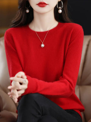 100% Merino Wool Women's O-neck Sweater Long Sleeve Pullover Jumper for Spring, Autumn, Winter Knitwear Top