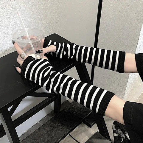 Black Fingerless Punk Cuff Gloves Women Men Gothic Lolita Hip-hop Elbow Stretch Winter Arm Warmers