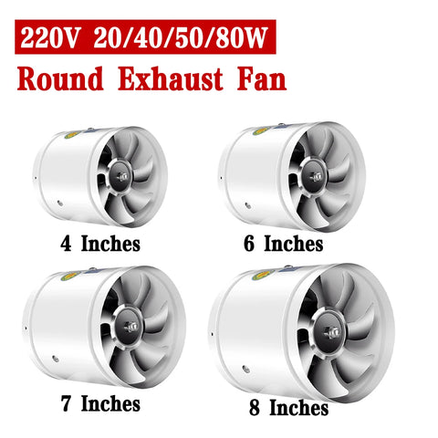 220V Round Duct Exhaust Fan 4/6/7/8 Inch - Oil Fume & Odor Removal, Noise Reduction for Restaurants