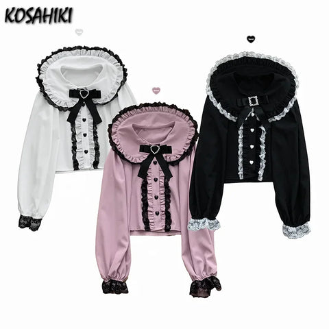 Cute Lace Patchwork Long Sleeve Crop Top Blouse - Y2K Harajuku Style with Bow & Ruffles for Women Kawaii Fashion