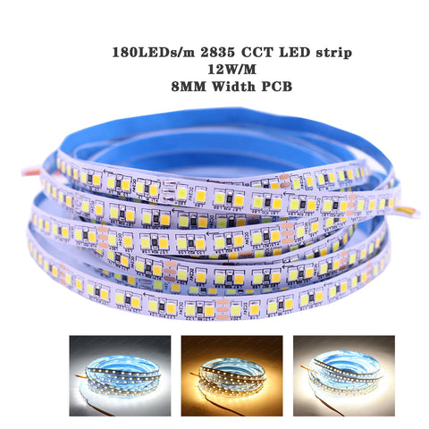CRI80+ 2835 5m LED Strip Light Tape - Dimmable, Color Temp Adjustable, 5mm/8mm/10mm White, 12V/24V Flexible Ribbon