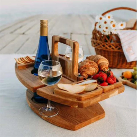 Folding Wooden Picnic Wine Table with Glass Holder - Portable Round Outdoor Desk for Garden Parties