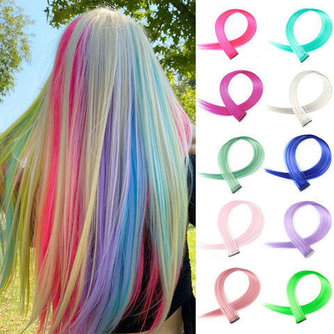 22" Long Straight Synthetic Clip-In Hair Extensions - Purple Pink Red - Heat Resistant Hairpieces for Women