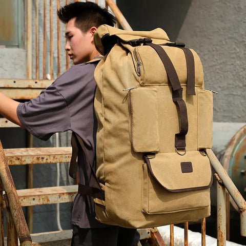 100L Canvas Backpack for Travel & Hiking - Men's Large Capacity Pack with Blanket Storage